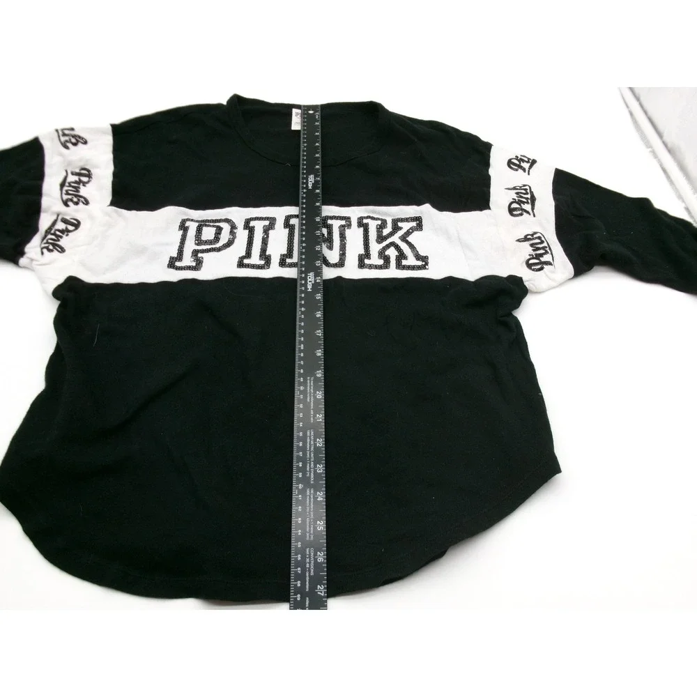 Victoria's Secret PINK Black White Colorblock Glitter Logo Long Sleeve Shirt L - Picture 6 of 15